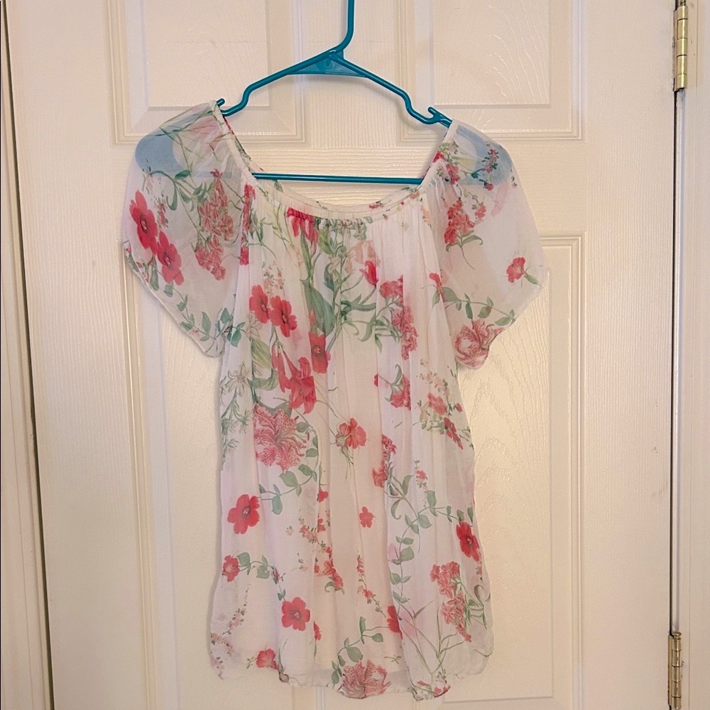 Women's White + Pink Floral Boho Blouse